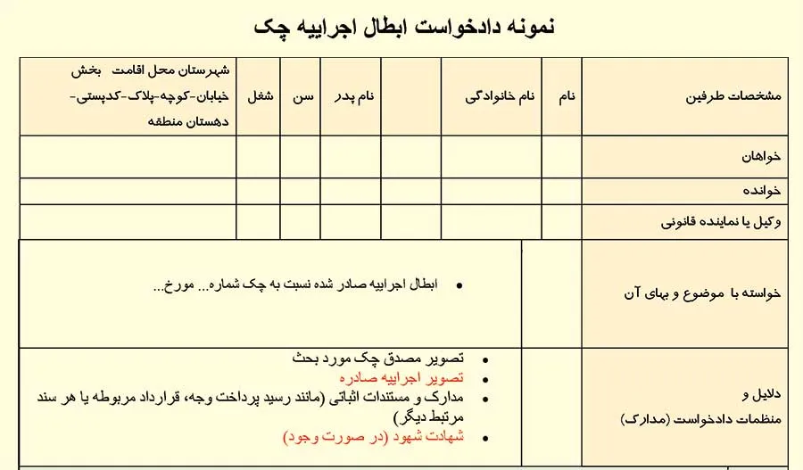دادخواست باطل کردن اجراییه چک صیادی